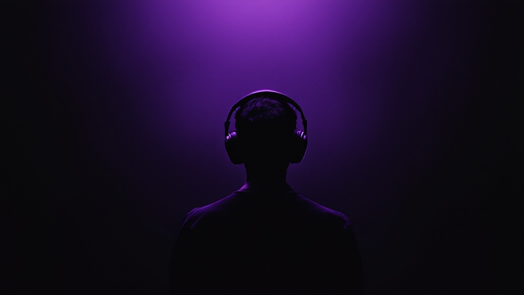 A listener seen from behind in the dark, wearing headphones under a single lavender light